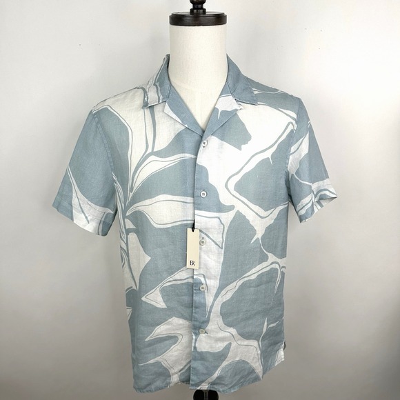 NWT Banana Republic Standard Fit Linen Resort Shirt SMALL Blue Floral Button - Picture 2 of 12